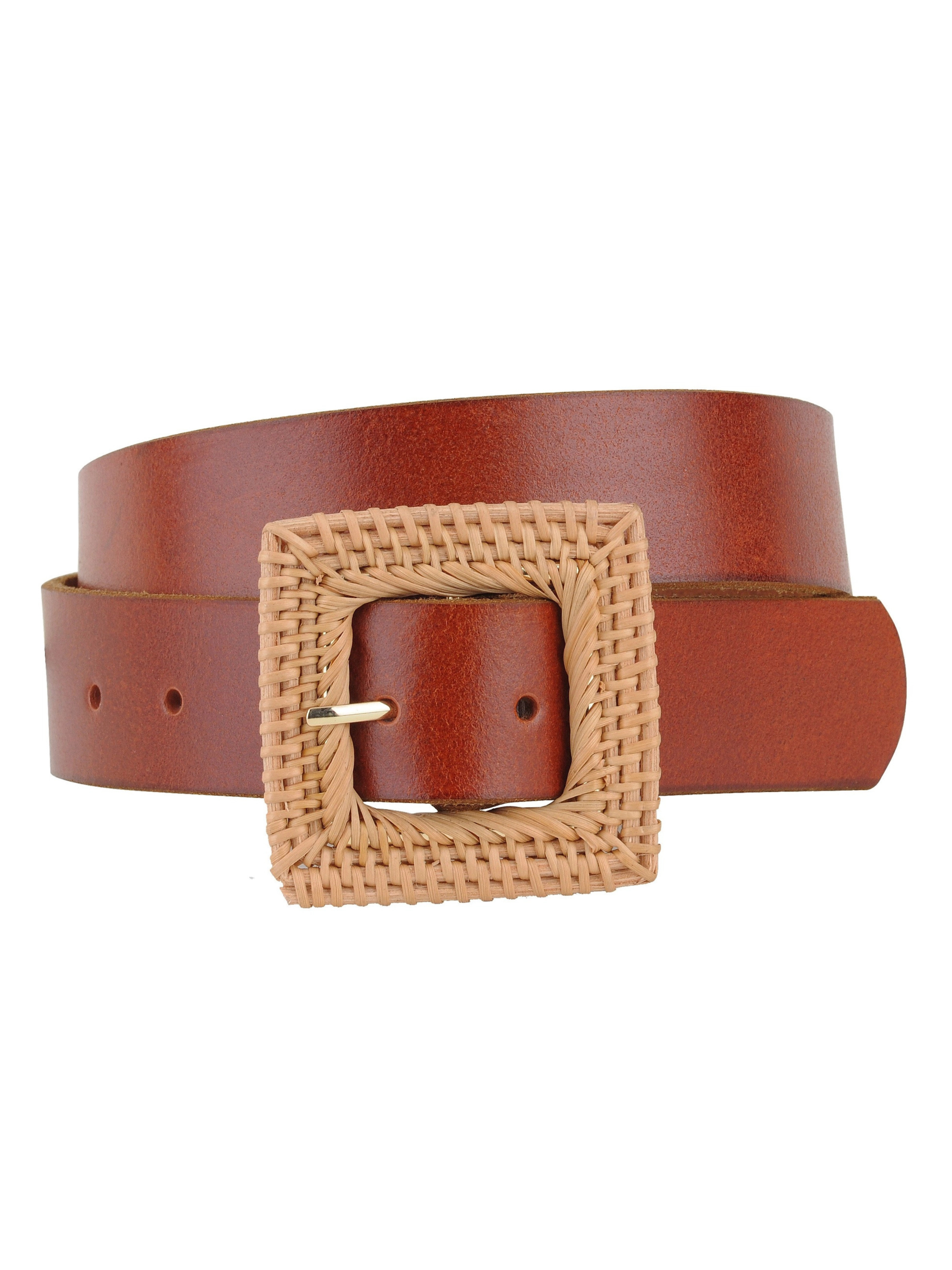 Leather Belt with Straw Square Buckle